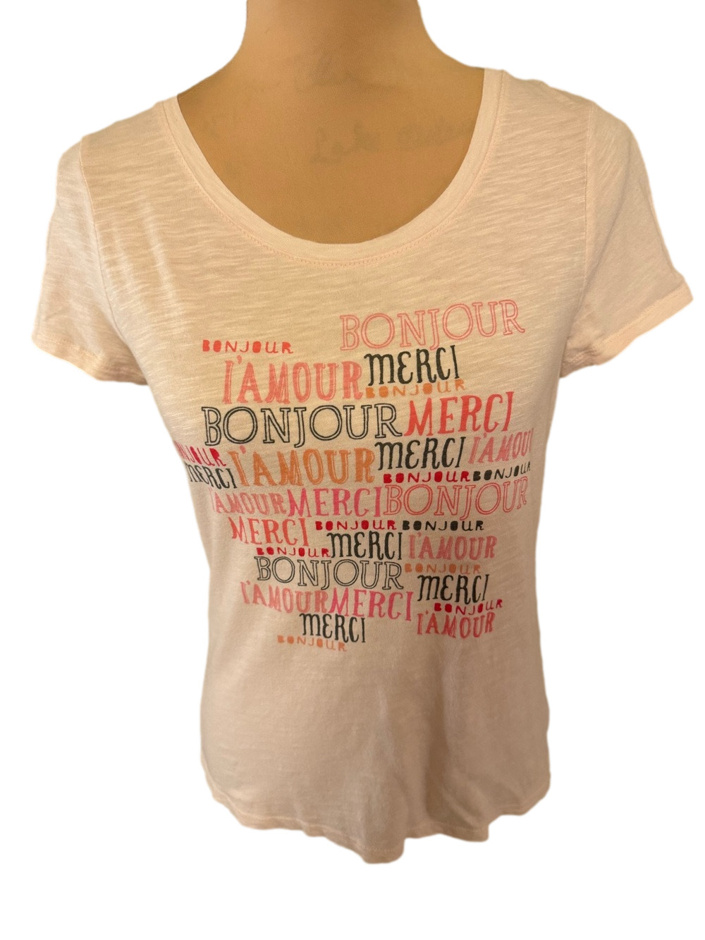 Elle Pale Yellow Scoop Neck Tee with Pink & Black Bonjour Merci Print